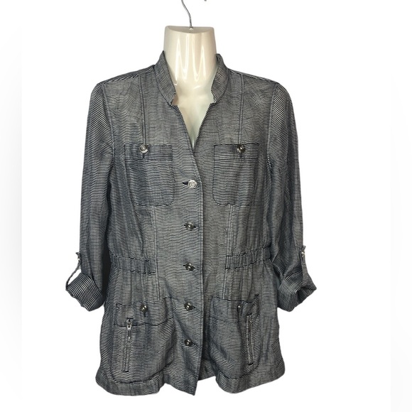 Chico’s Women’s Navy Silver Button Up Jacket Linen Blend Sheer Mini Stripe - Picture 1 of 8